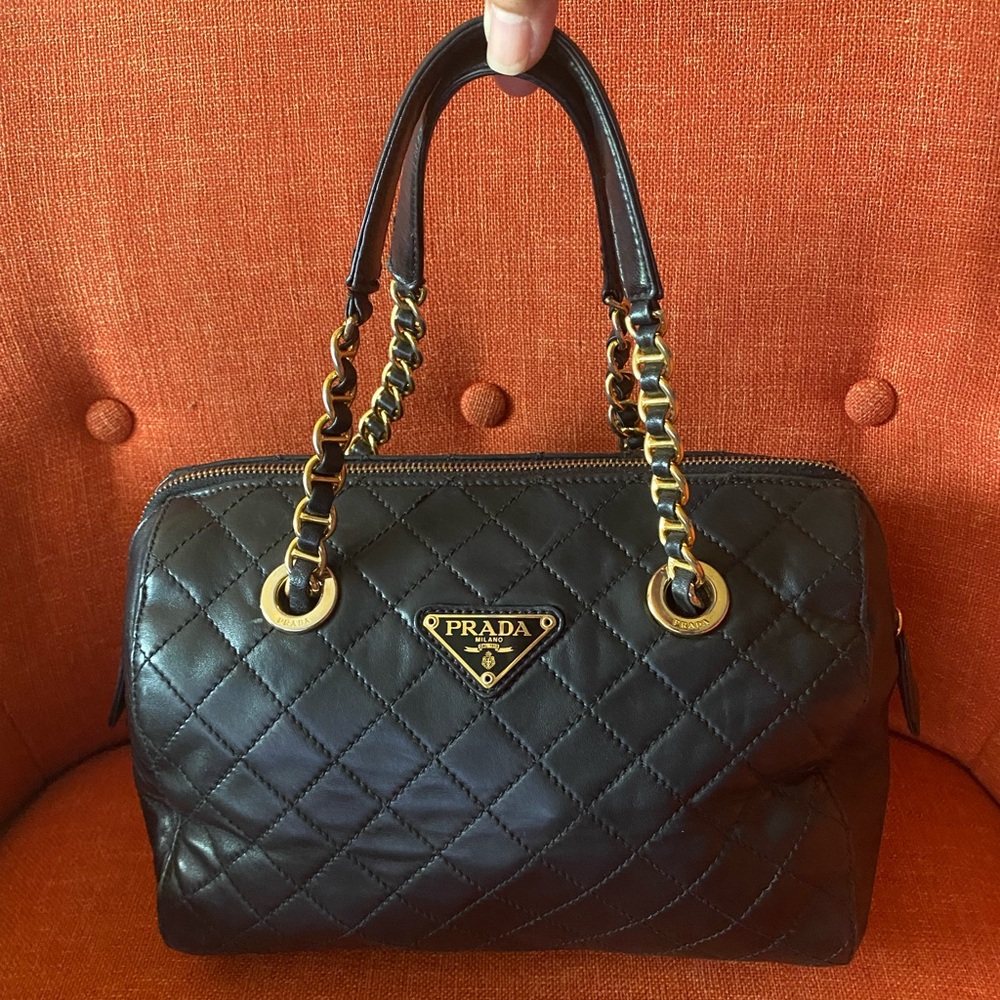 Prada Quilted Black Satchel with Gold Chain